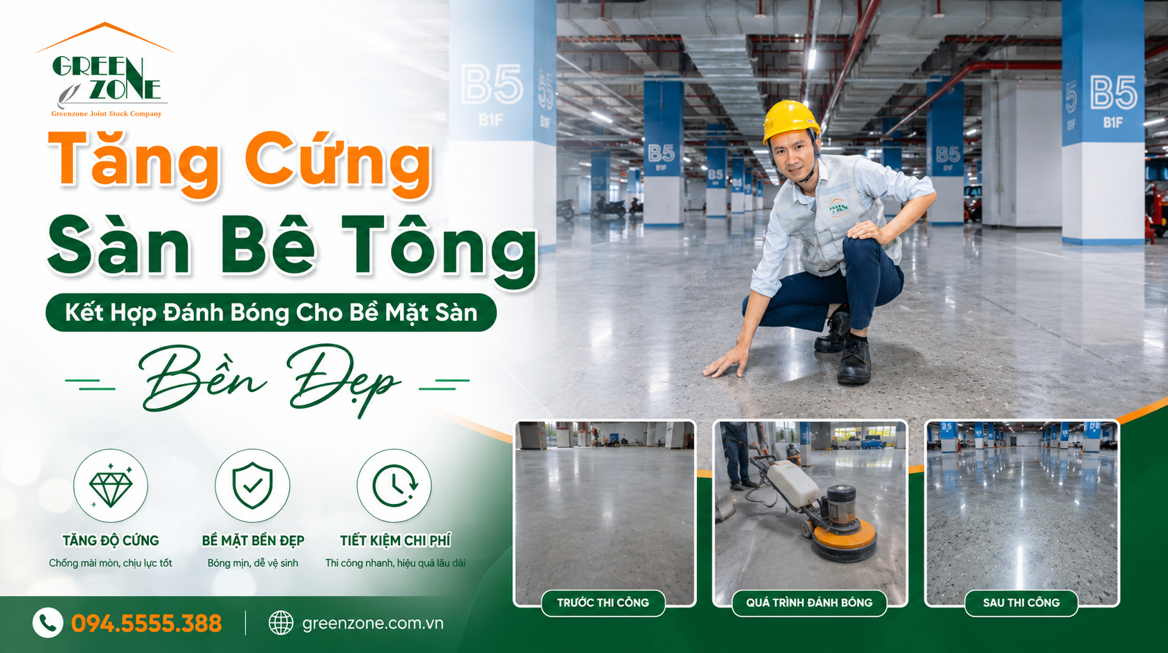 Tăng Cứng Sàn Bê Tông Kết Hợp Đánh Bóng Cho Bề Mặt Sàn Bền Đẹp